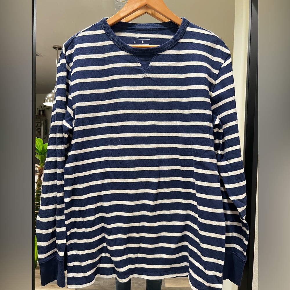 GAP Men's Blue and White Striped Crewneck Sweater